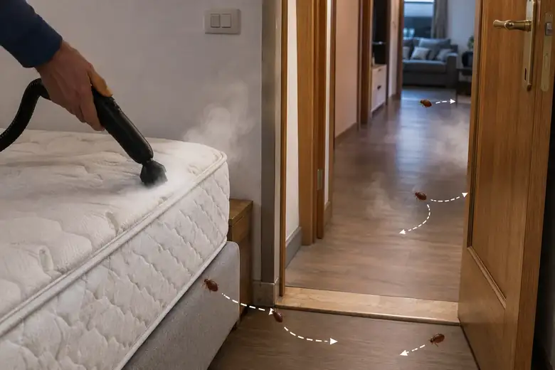 Dampf auf einer realen Matratze, während die Bettwanzen in ein anderes Zimmer flüchten