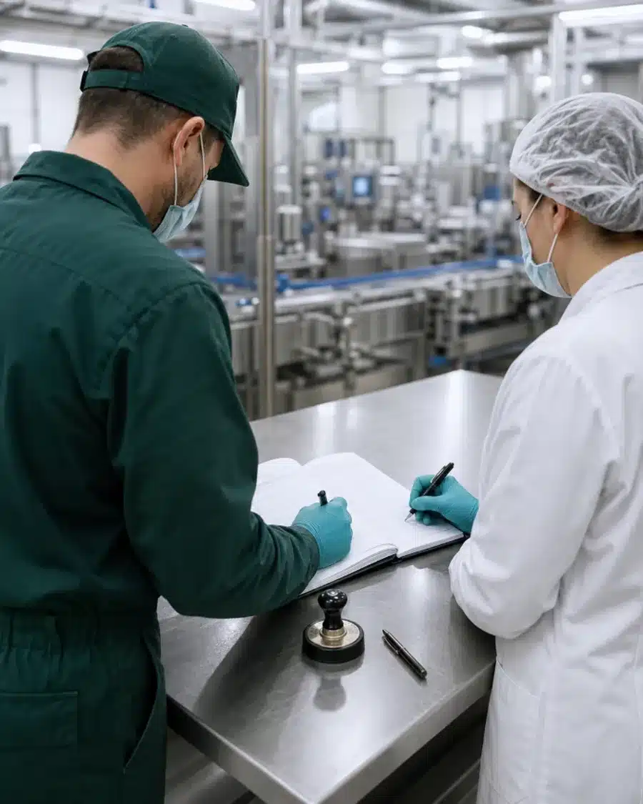 Tecnico della derattizzazione e responsabile qualità firmano il registro di verifica di efficacia in uno stabilimento alimentare