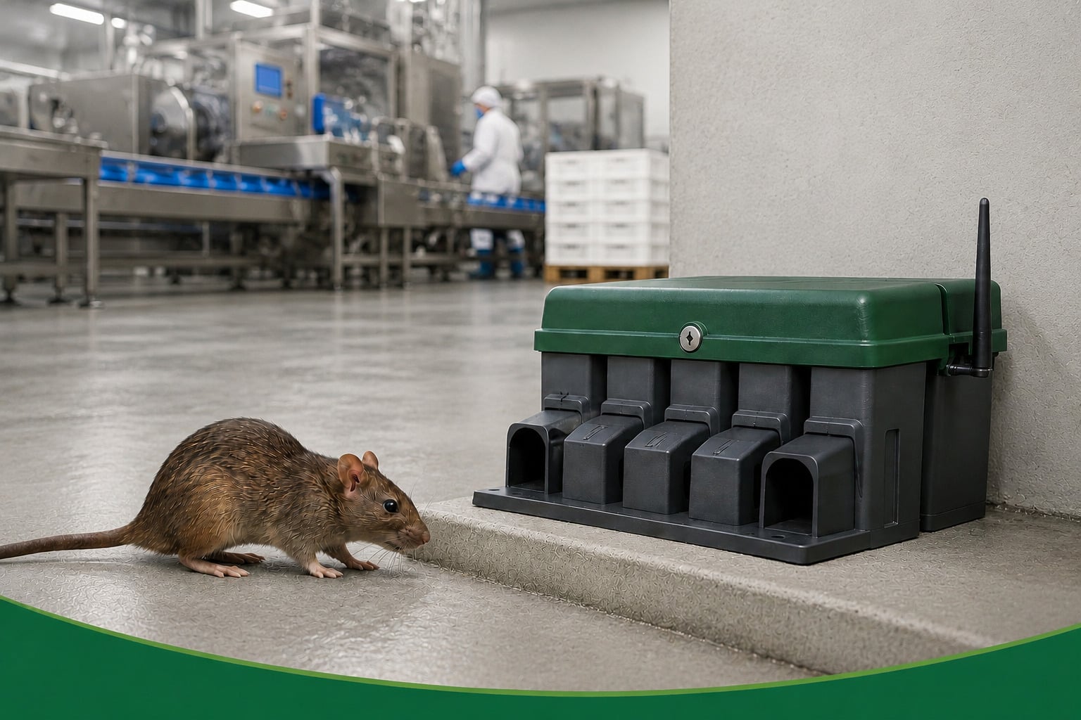 Ratte und Monitoringstation im Industriebetrieb – professionelle Nagerbekämpfung