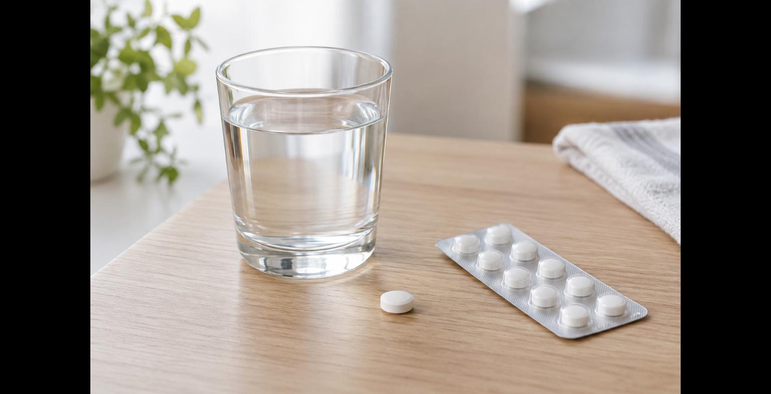 Tablette und Glas Wasser auf heller Holzfläche