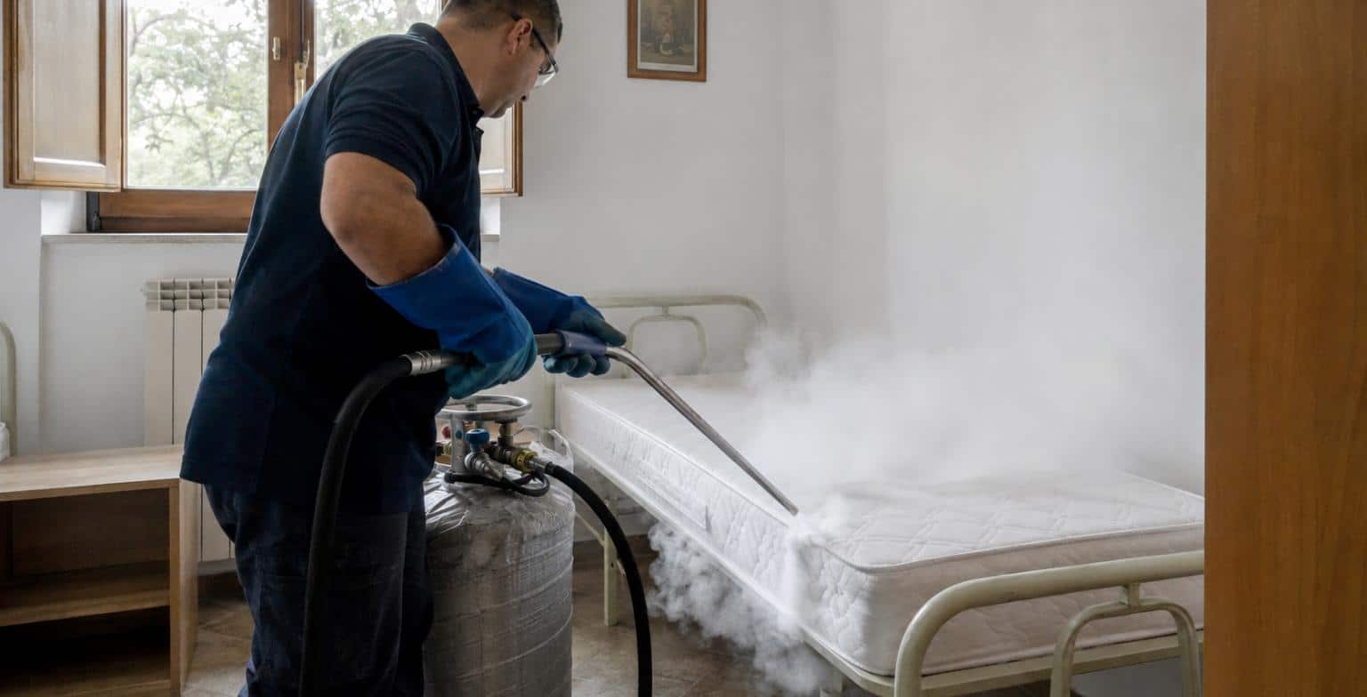 Tecnico Ekonore eroga azoto liquido a -196 gradi sulla cucitura del materasso e sul telaio del letto in una camera di struttura ricettiva per eliminare le cimici dei letti senza pesticidi