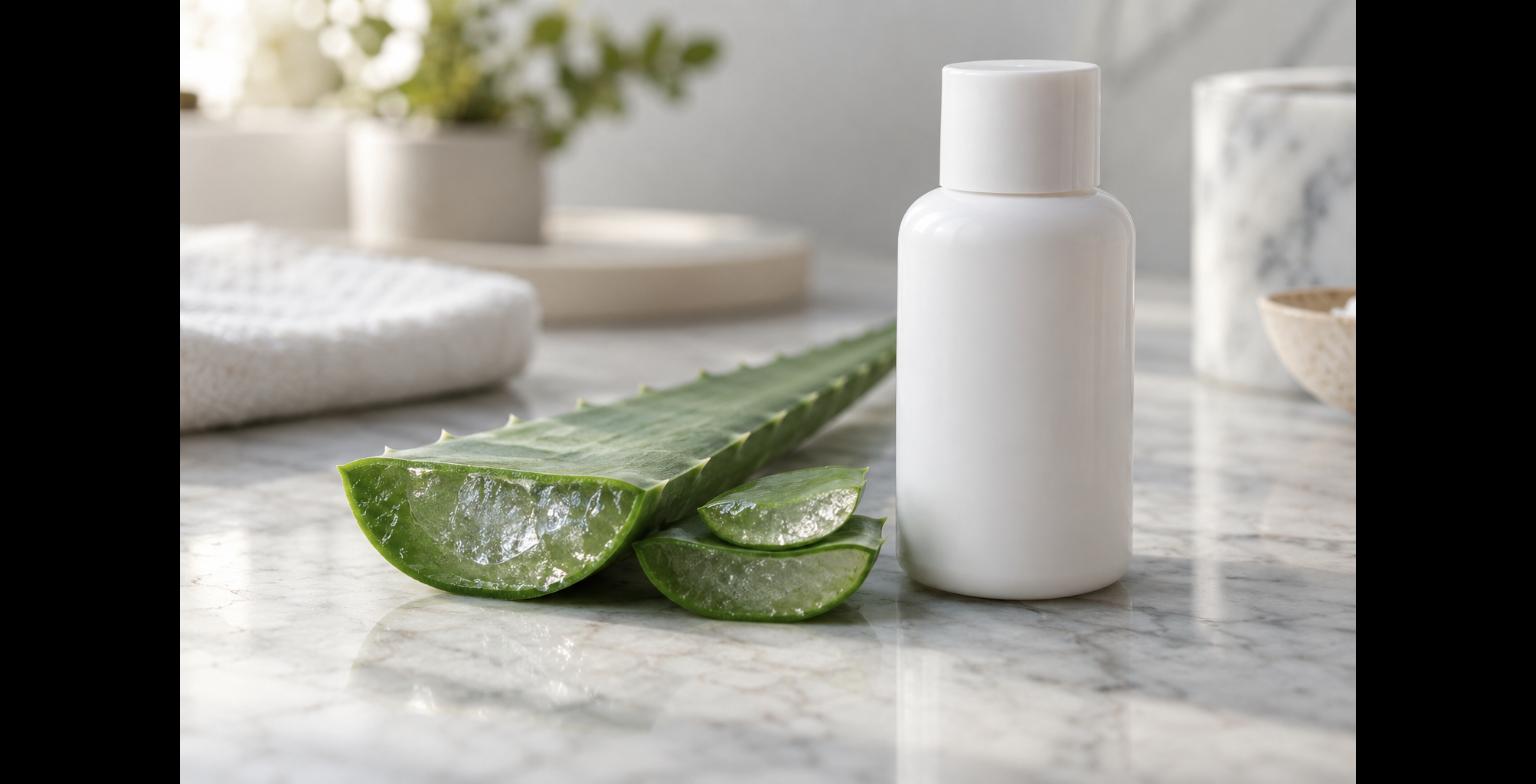 Aloe-vera-Gel und beruhigende Lotion auf heller Fläche