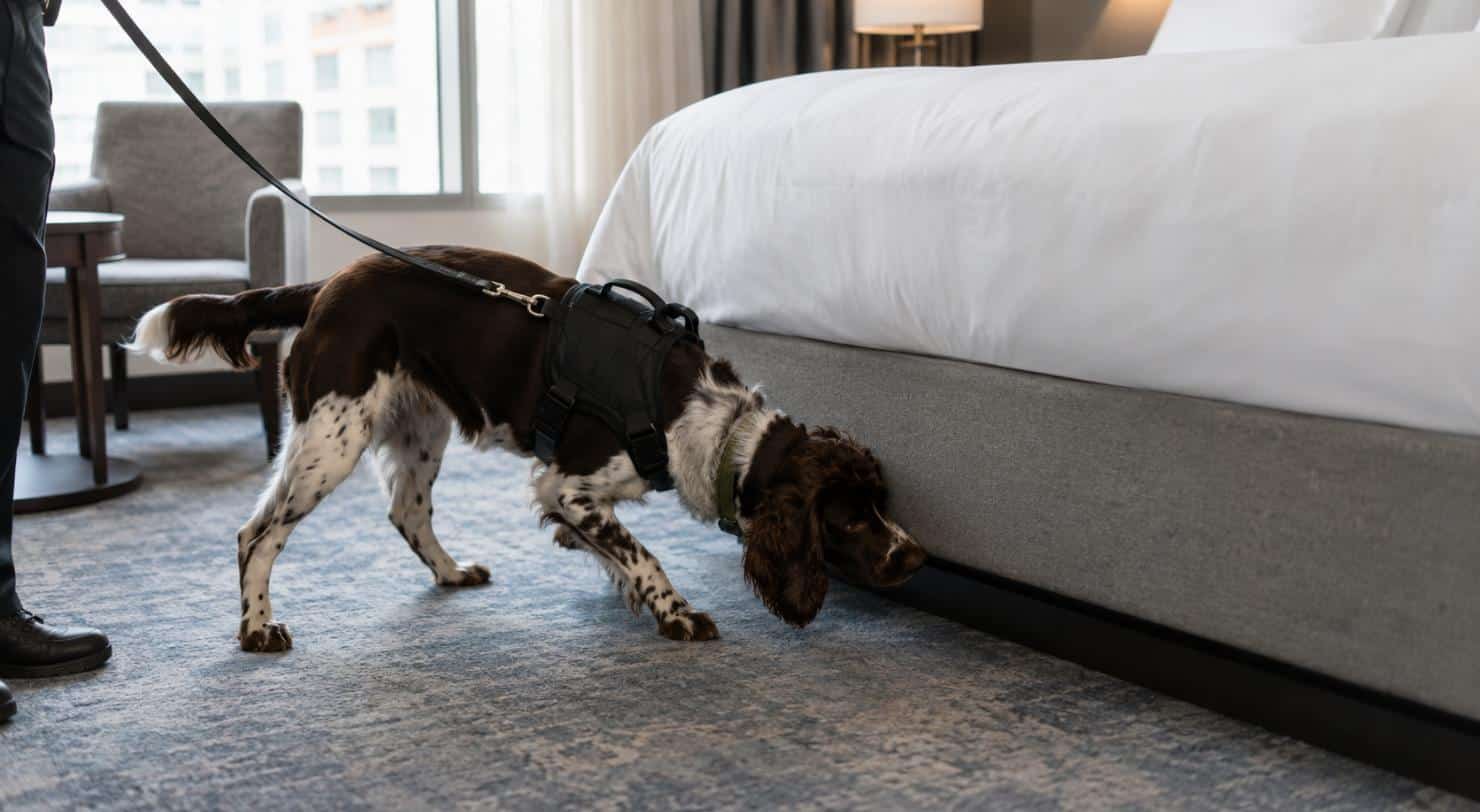 Cane da lavoro con pettorina tecnica che annusa la base del letto in una camera d’albergo durante l’ispezione per cimici dei letti