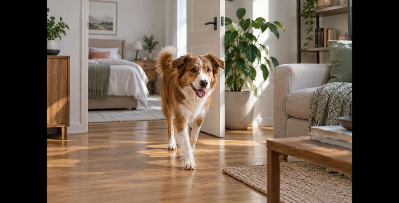 Hund, der vom Schlafzimmer ins Wohnzimmer wechselt