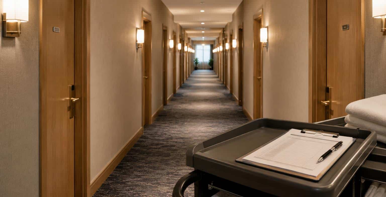 Corridoio di un hotel con porte delle camere e carrello di servizio con clipboard e modulo per la registrazione degli interventi