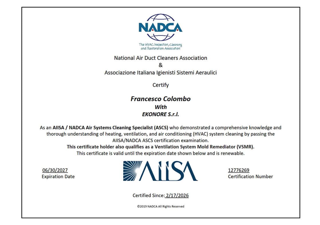 Attestato NADCA Certificazione Ekonore Airbio La Bio Disinfestazione Attestato NADCA Certificazione Ekonore Airbio La Bio Disinfestazione