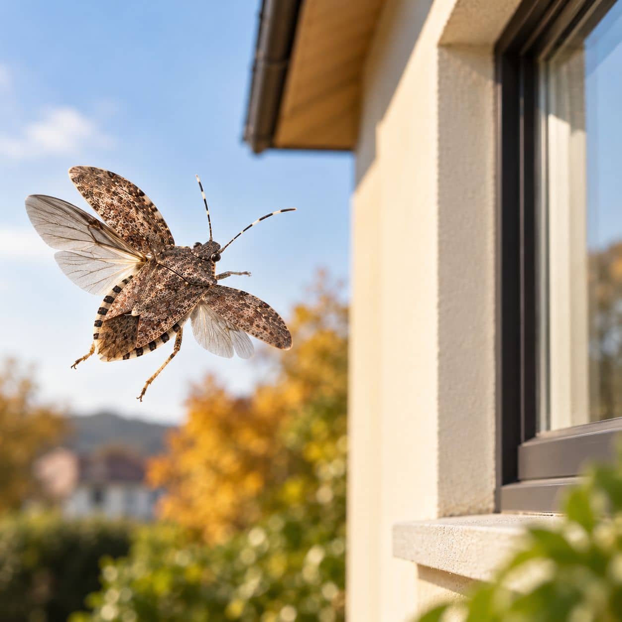 Marmorierte Baumwanze fliegt auf ein Wohnhaus zu