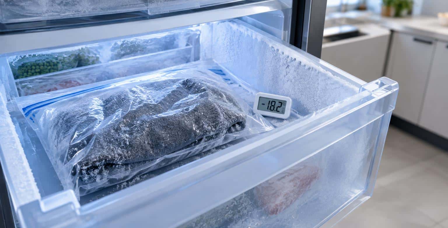 Cassetto di congelatore domestico con un capo di abbigliamento chiuso in un sacchetto sigillato e termometro che segna -18 gradi