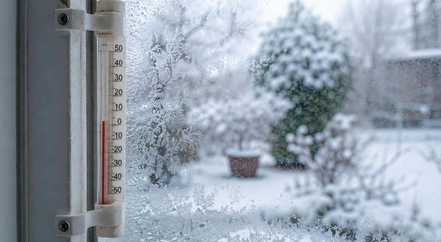 Termometro esterno sulla finestra ghiacciata durante una giornata invernale