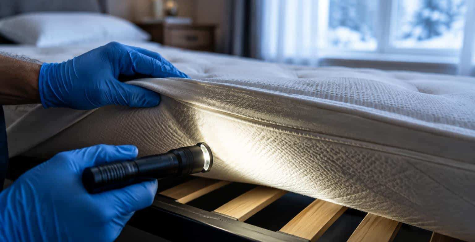 Inspektion der Matratzennähte mit Taschenlampe auf der Suche nach Bettwanzen