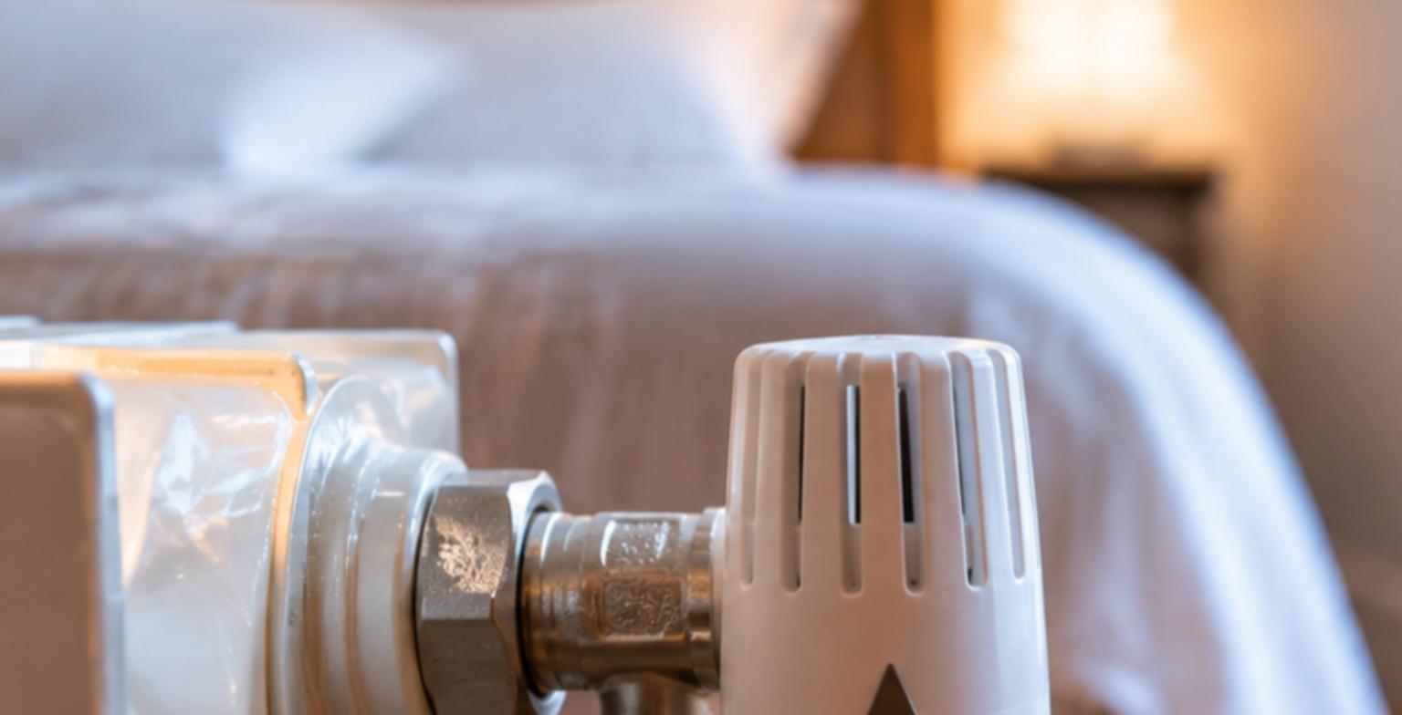 Thermostatventil eines eingeschalteten Heizkörpers in einem Schlafzimmer im Winter