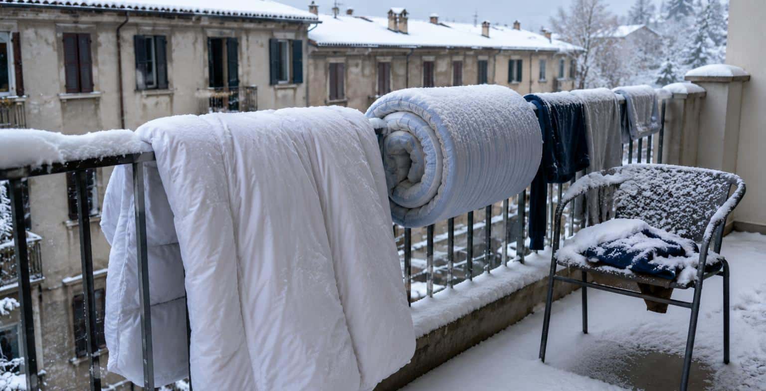 Materasso e piumone stesi sul balcone innevato come rimedio contro le cimici dei letti