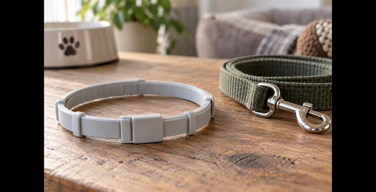 Antiparasiten-Halsband für Hunde, auf einer Holzfläche liegend