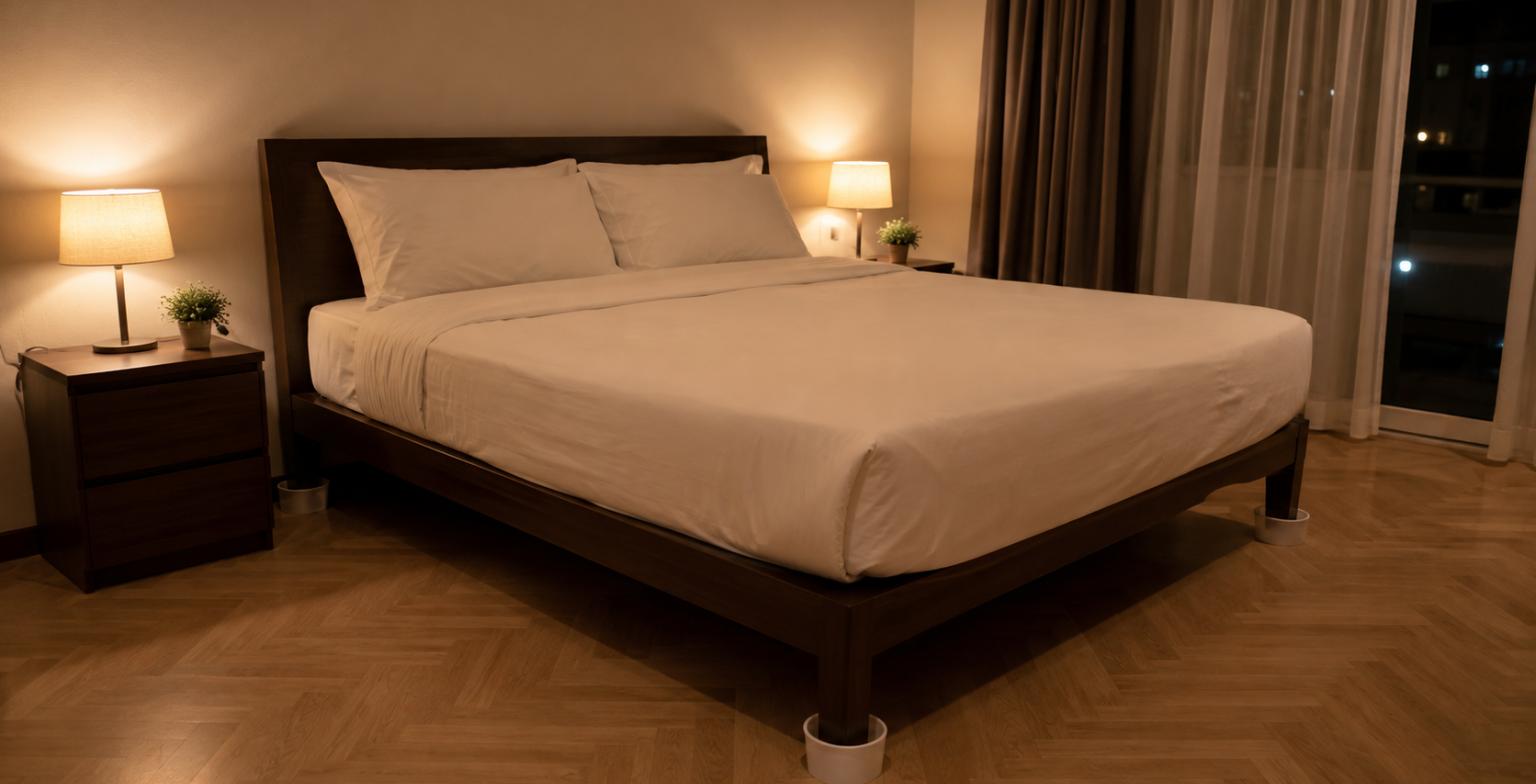 Camera da letto notturna con il letto scostato dalla parete, coperte che non toccano il pavimento e coppette intercettatrici sotto ogni gamba