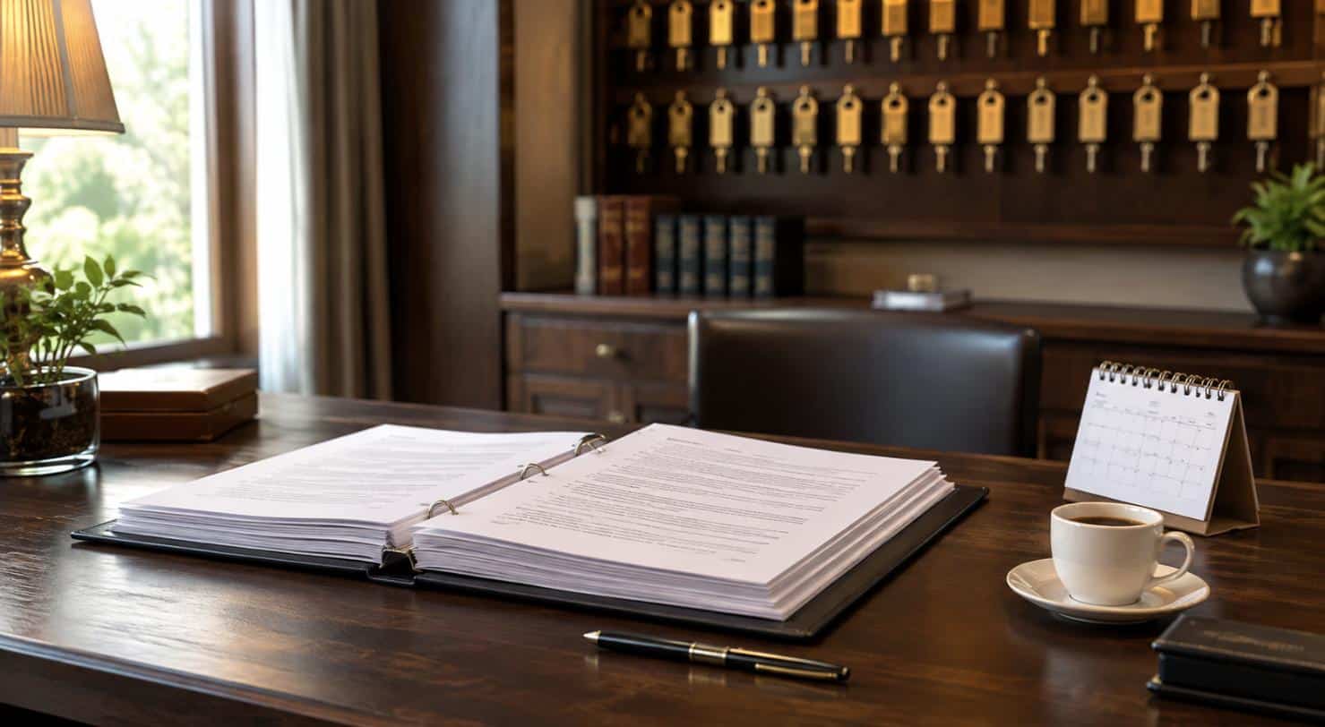 Contratto di servizio rilegato e aperto sulla scrivania dell’ufficio direzione di un hotel, con bacheca delle chiavi delle camere sullo sfondo