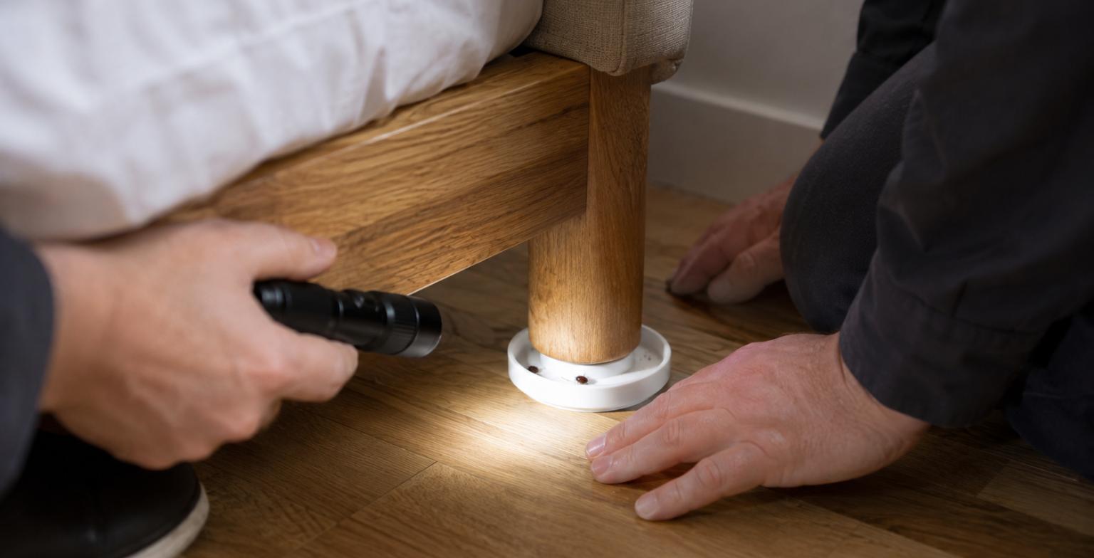 Tecnico che controlla con la torcia una coppetta intercettatrice sotto la gamba del letto con due cimici dei letti catturate