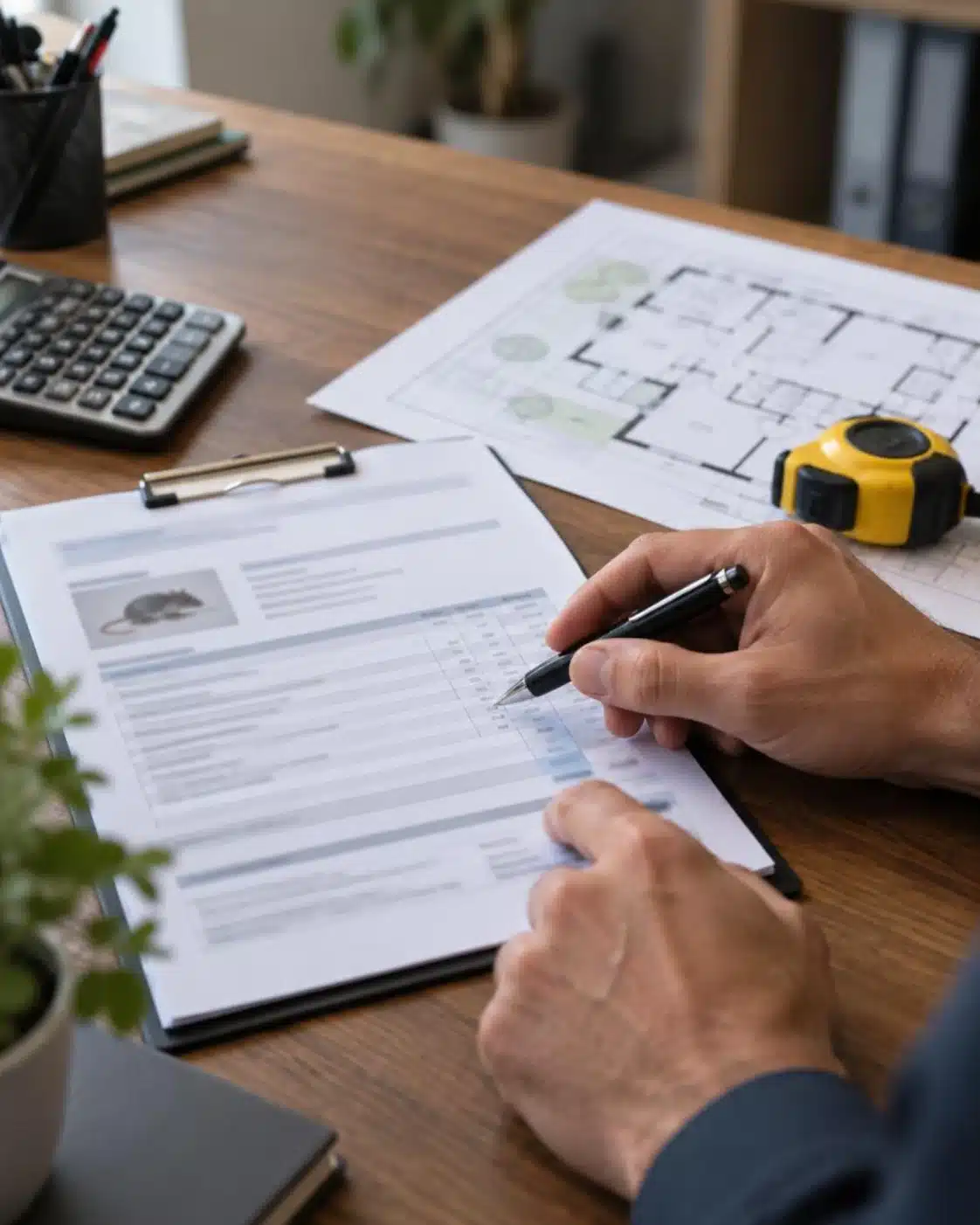 Preventivo scritto di derattizzazione con planimetria e voci di costo su una scrivania