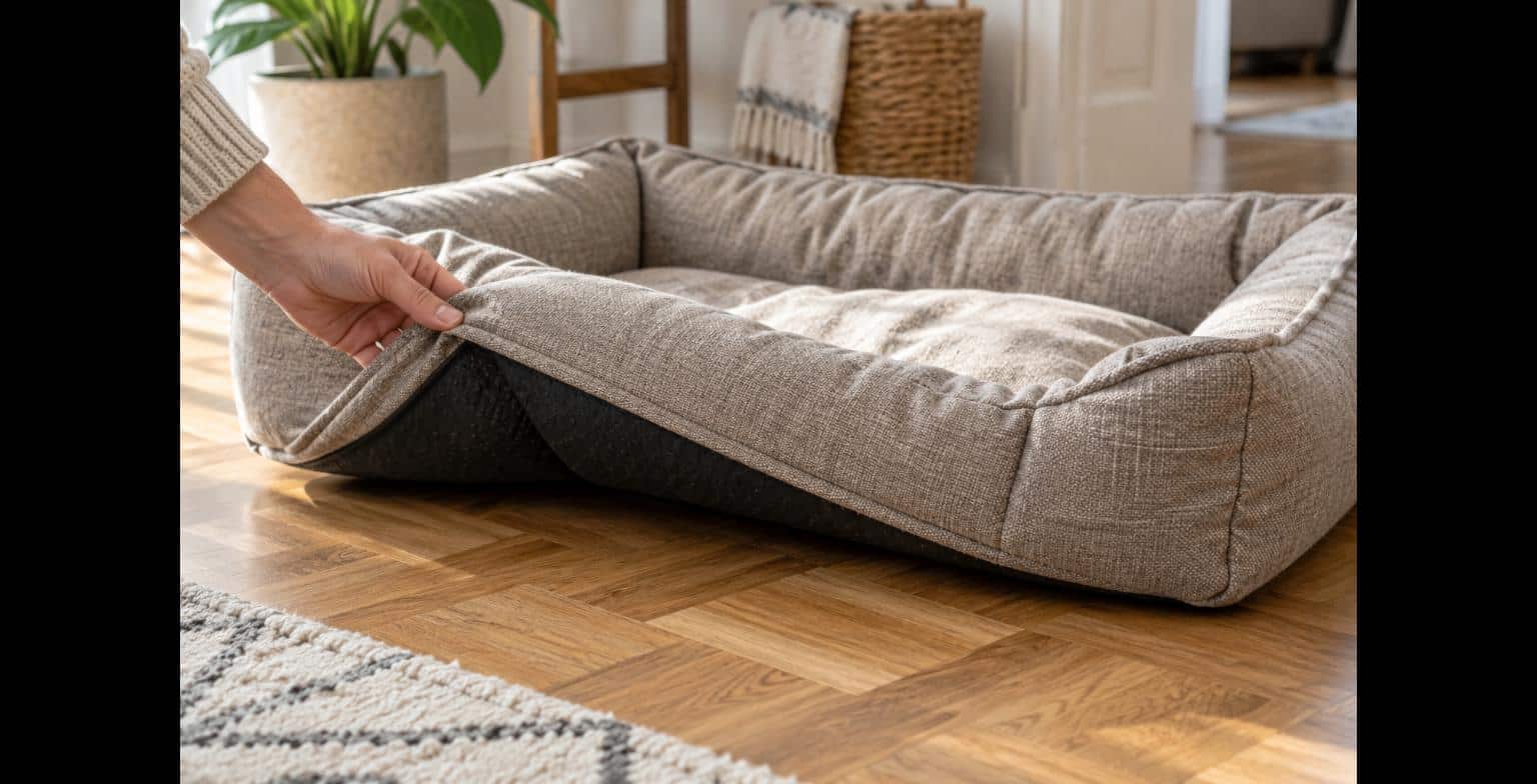 Kontrolle der Nähte eines Hundekörbchens