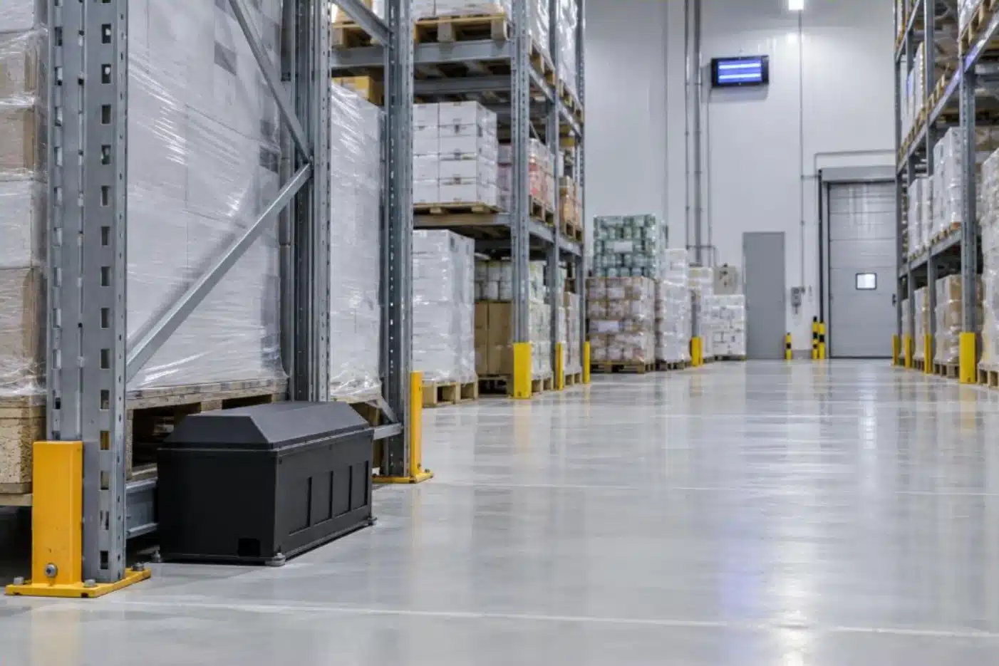 Geschlossene Mehrfachfalle am Boden entlang der Regale einer Lebensmittel-Logistikplattform