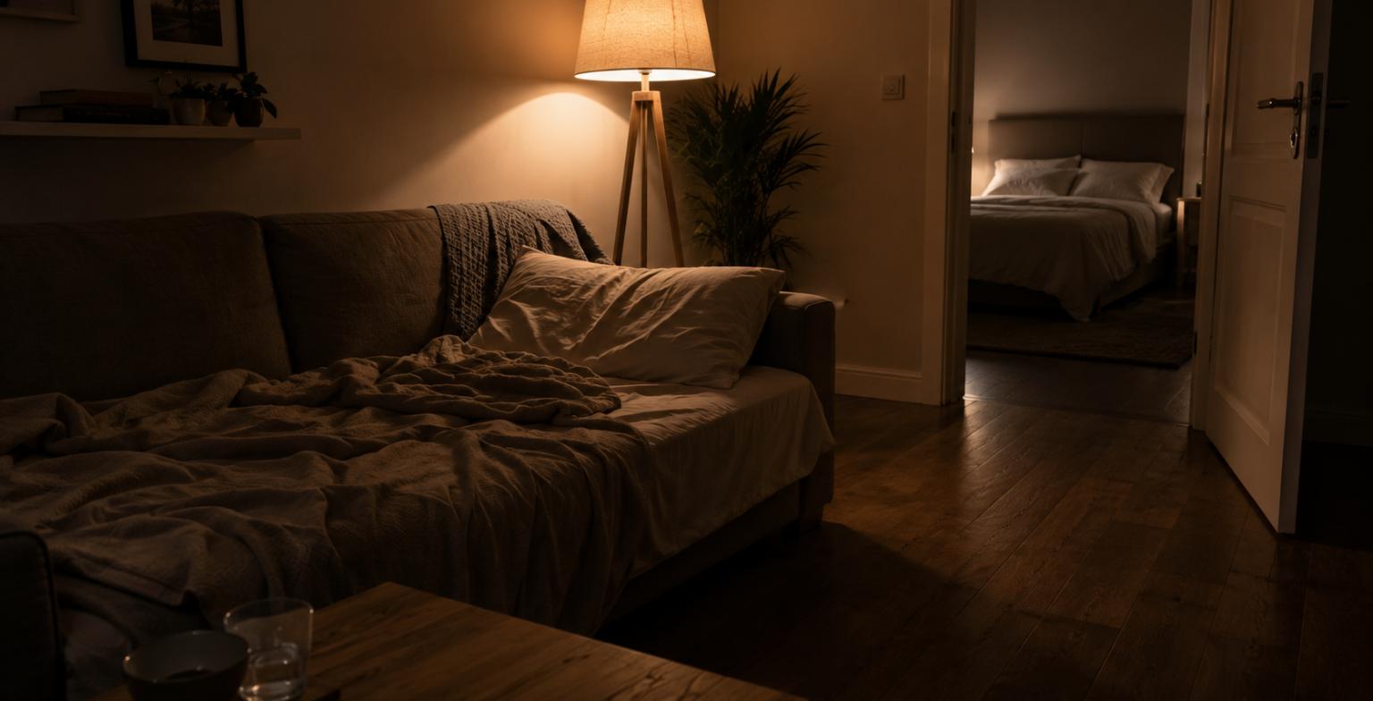 Divano preparato per dormire con la camera da letto vuota sullo sfondo