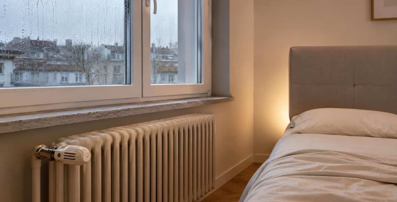Camera da letto con termosifone acceso e finestra appannata in inverno: negli edifici riscaldati le cimici dei letti si riproducono in ogni stagione