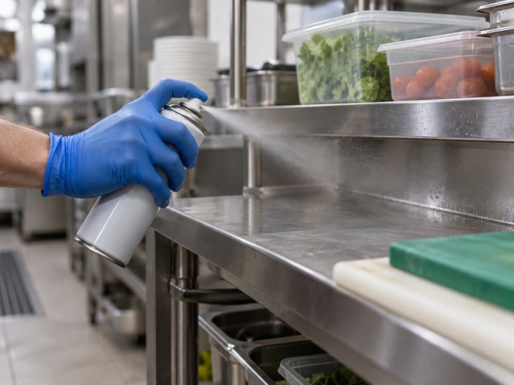 Hand mit Handschuh, die Insektizid neben einer Chromstahl-Arbeitsfläche in einer Restaurantküche sprüht
