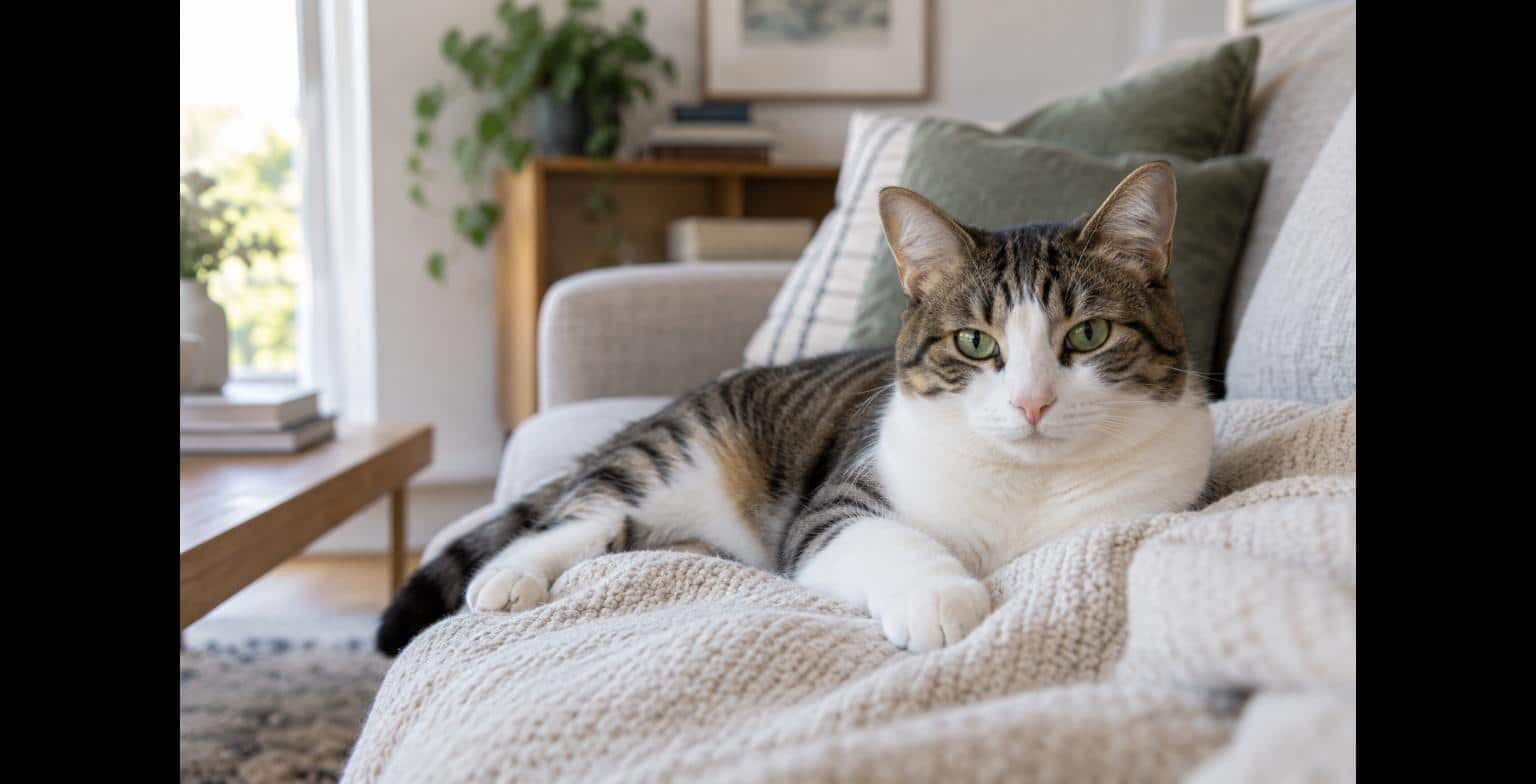 Hauskatze, auf einer hellen Decke auf dem Sofa liegend