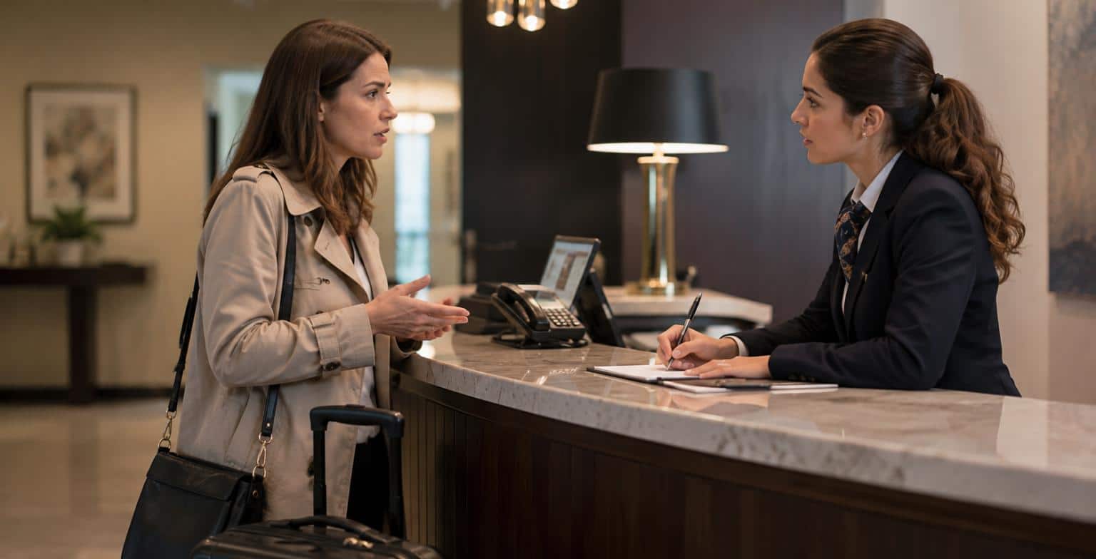 Ospite che segnala un problema alla reception di un hotel mentre la receptionist mette a verbale: la gestione documentata del reclamo per cimici dei letti