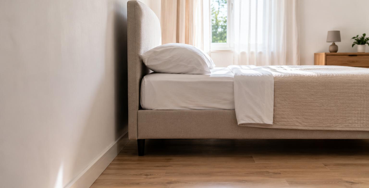 Letto scostato dalla parete con lenzuola che non toccano il pavimento