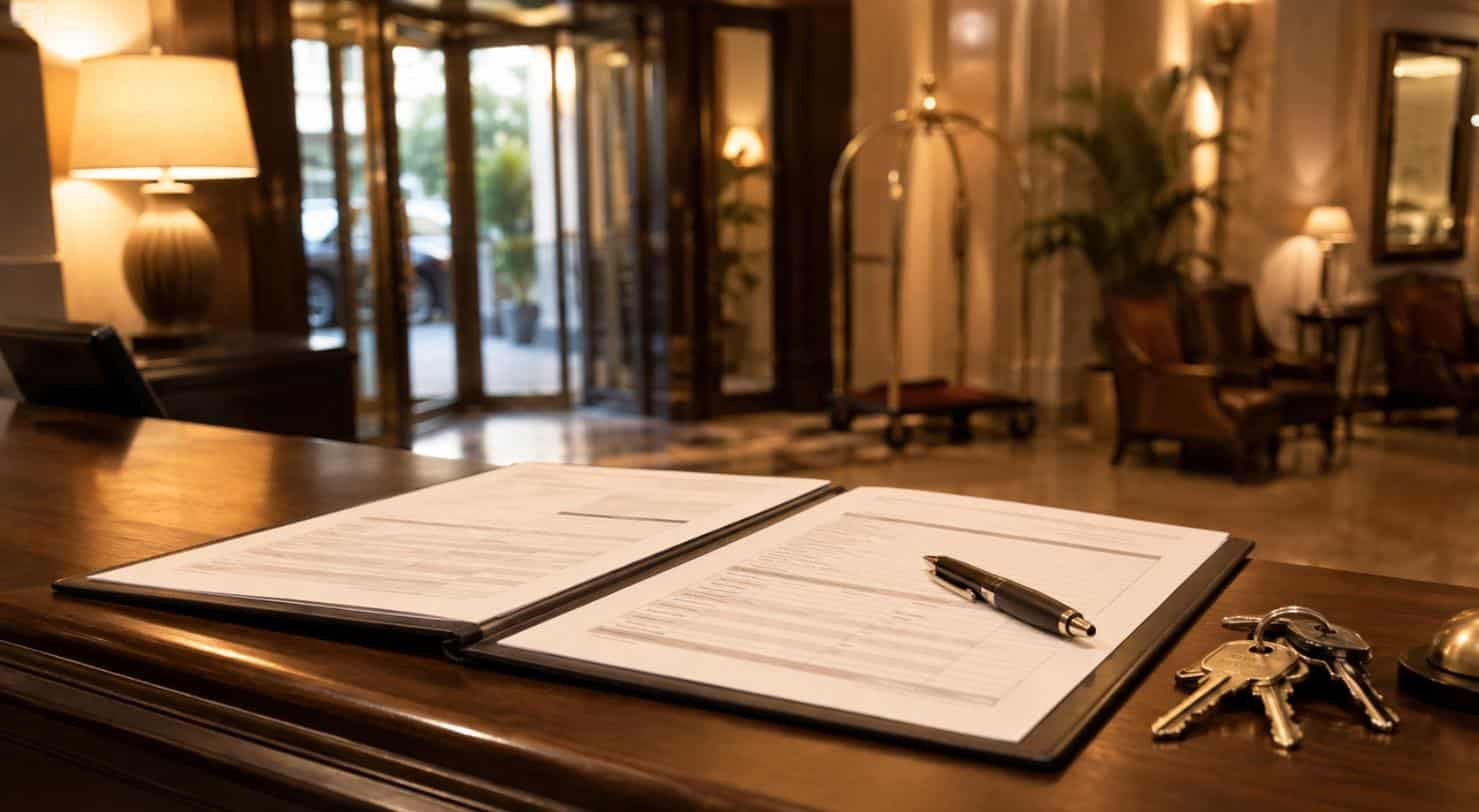Cartellina con fogli di preventivo per disinfestazione cimici dei letti appoggiata sul bancone della reception di un hotel