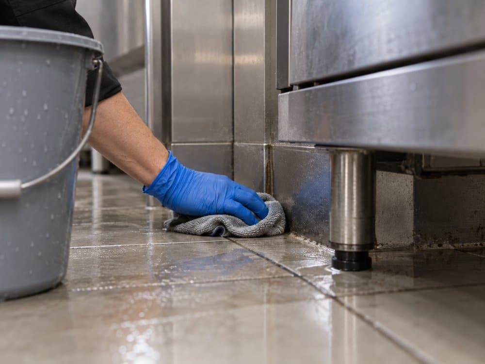 Hand mit Handschuh, die mit einem Tuch den Boden in der Ecke hinter einem Profi-Küchengerät reinigt