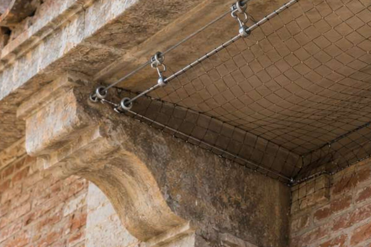 Vogelschutznetz am Gesims eines historischen Gebäudes