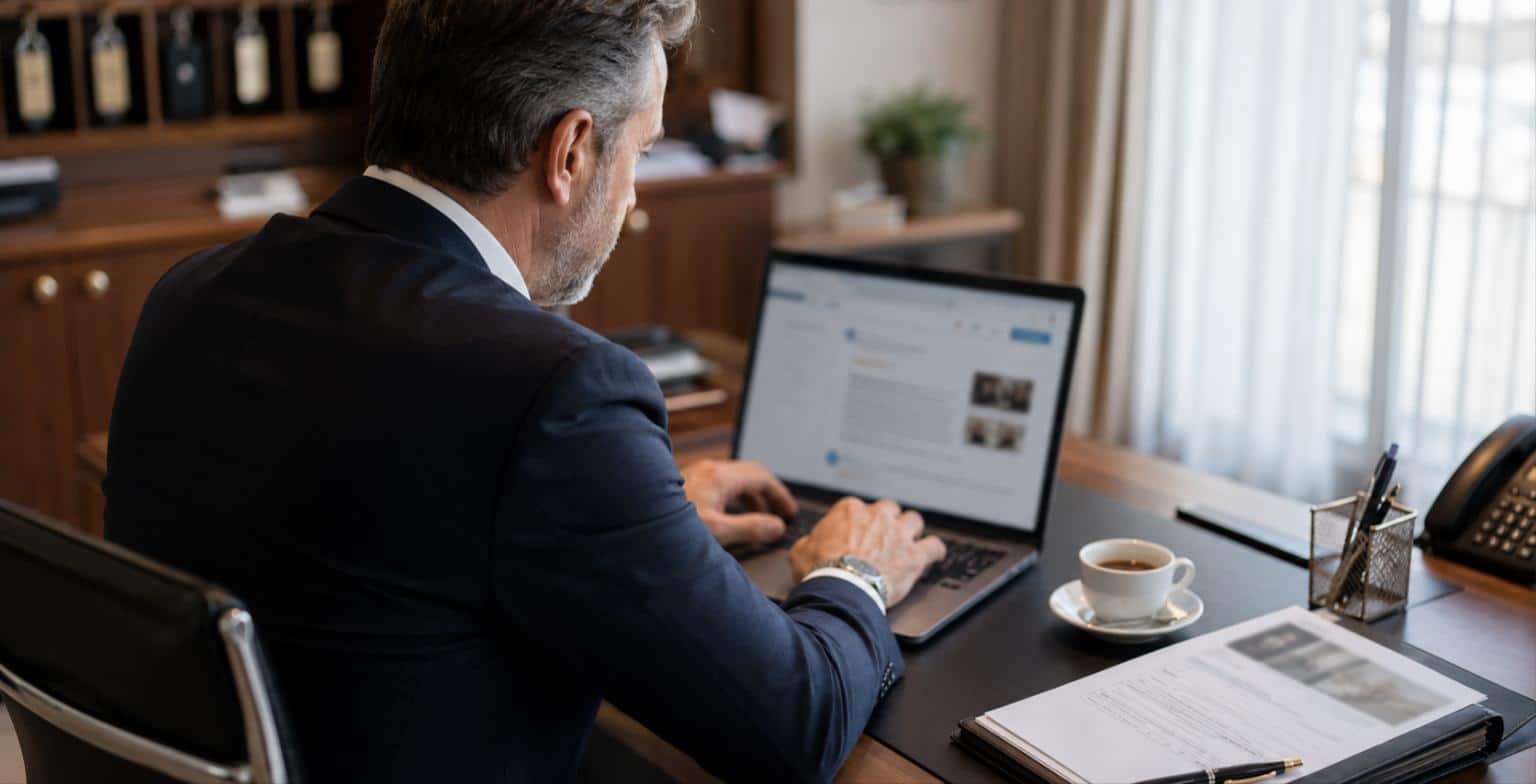 Direttore di hotel che scrive al laptop la risposta a una recensione sulle cimici dei letti con accanto il rapporto di intervento