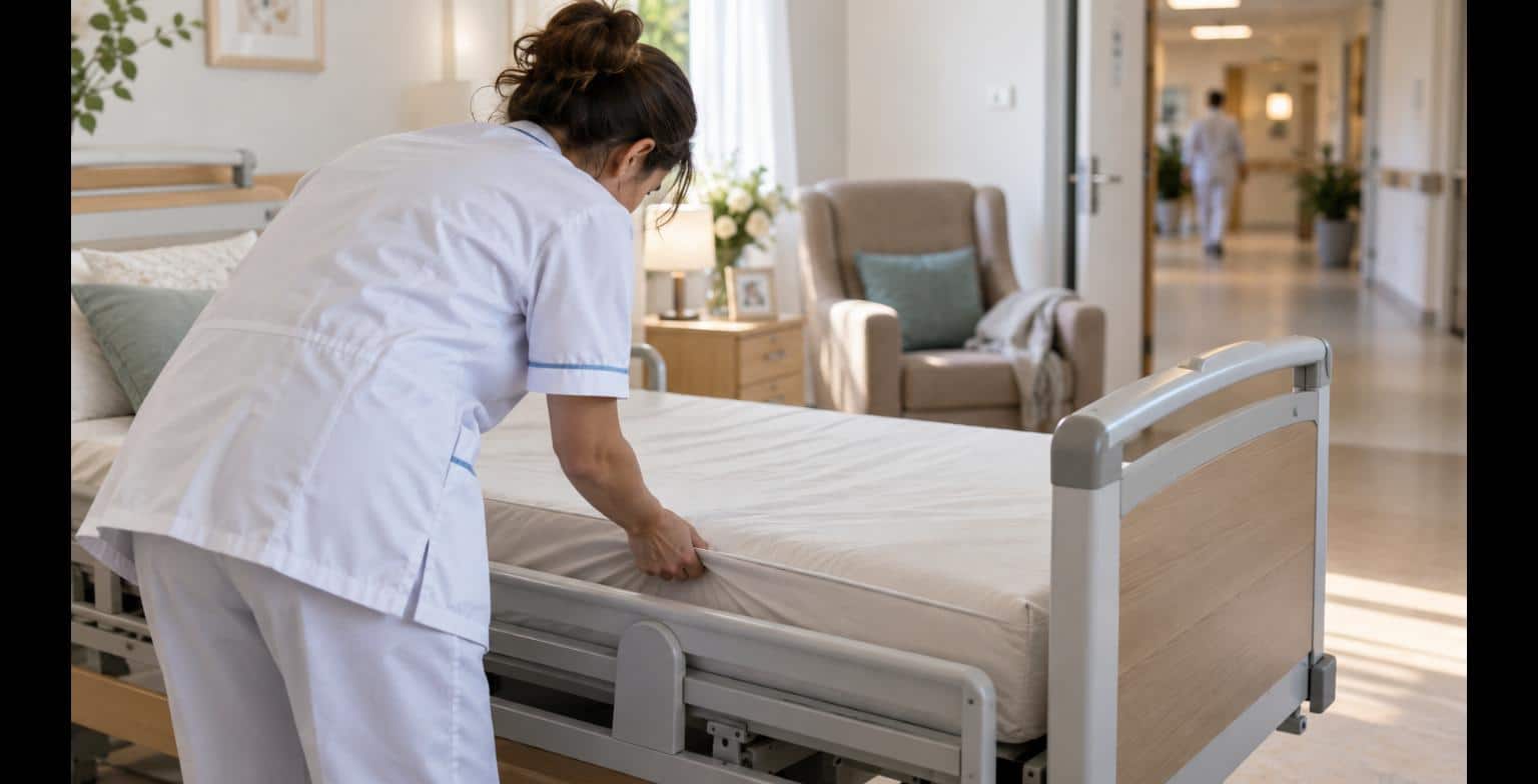 Operatrice sanitaria controlla la cucitura del materasso in una camera di RSA