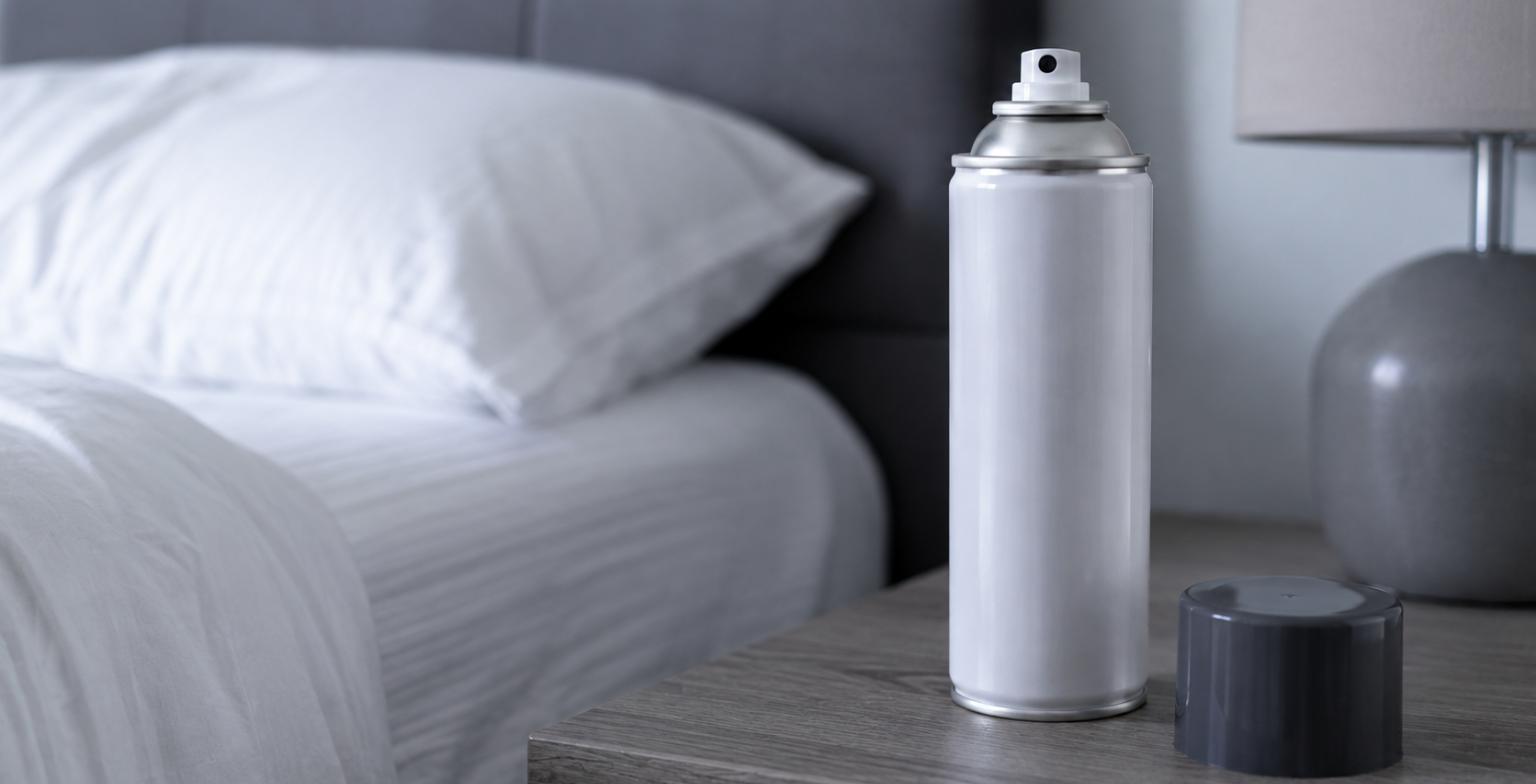 Bomboletta spray insetticida senza etichette appoggiata su un comodino accanto a un letto con lenzuola bianche