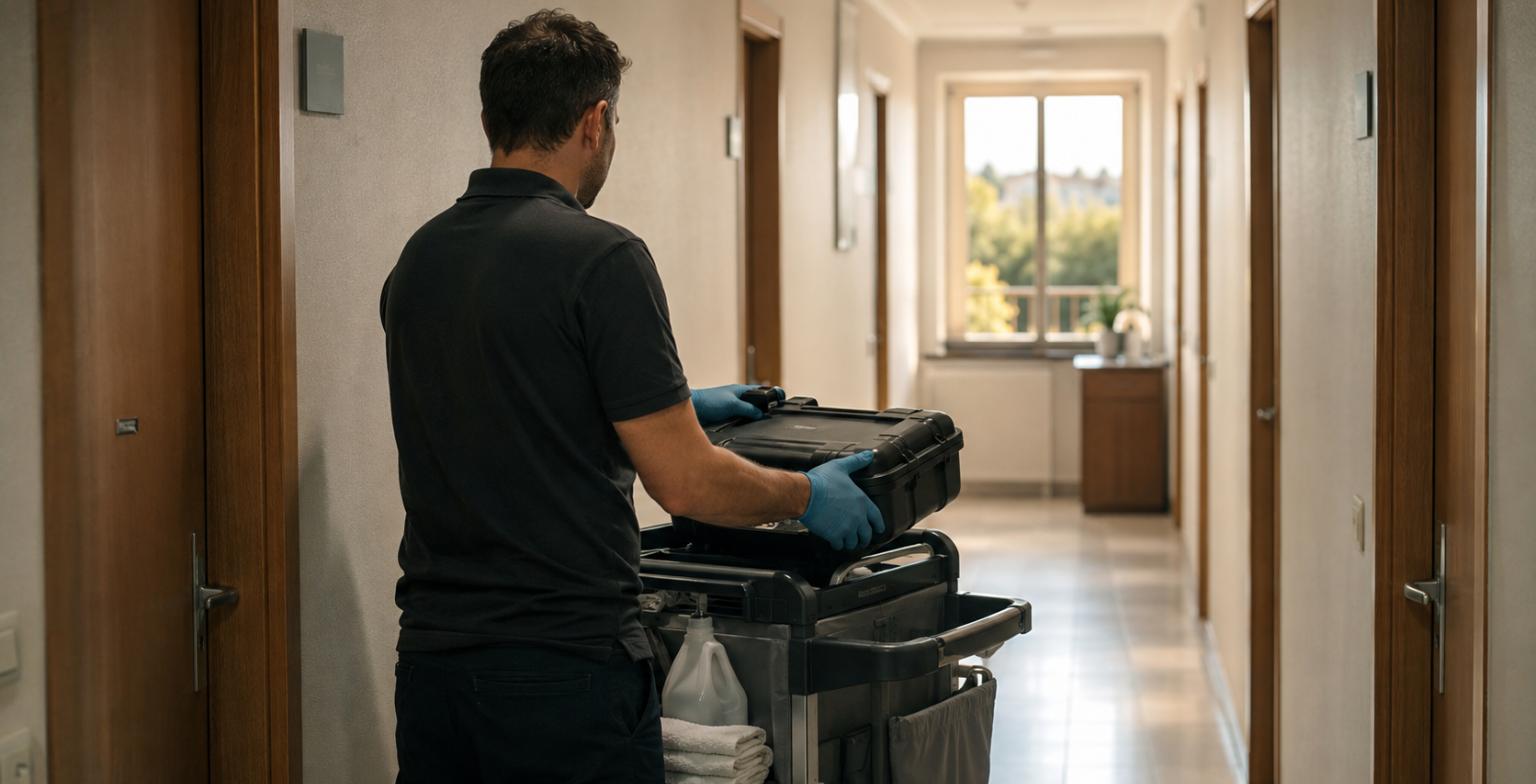 Tecnico disinfestatore Ekonore con valigetta tecnica nel corridoio di una struttura ricettiva alle porte di Roma durante l intervento contro le cimici dei letti