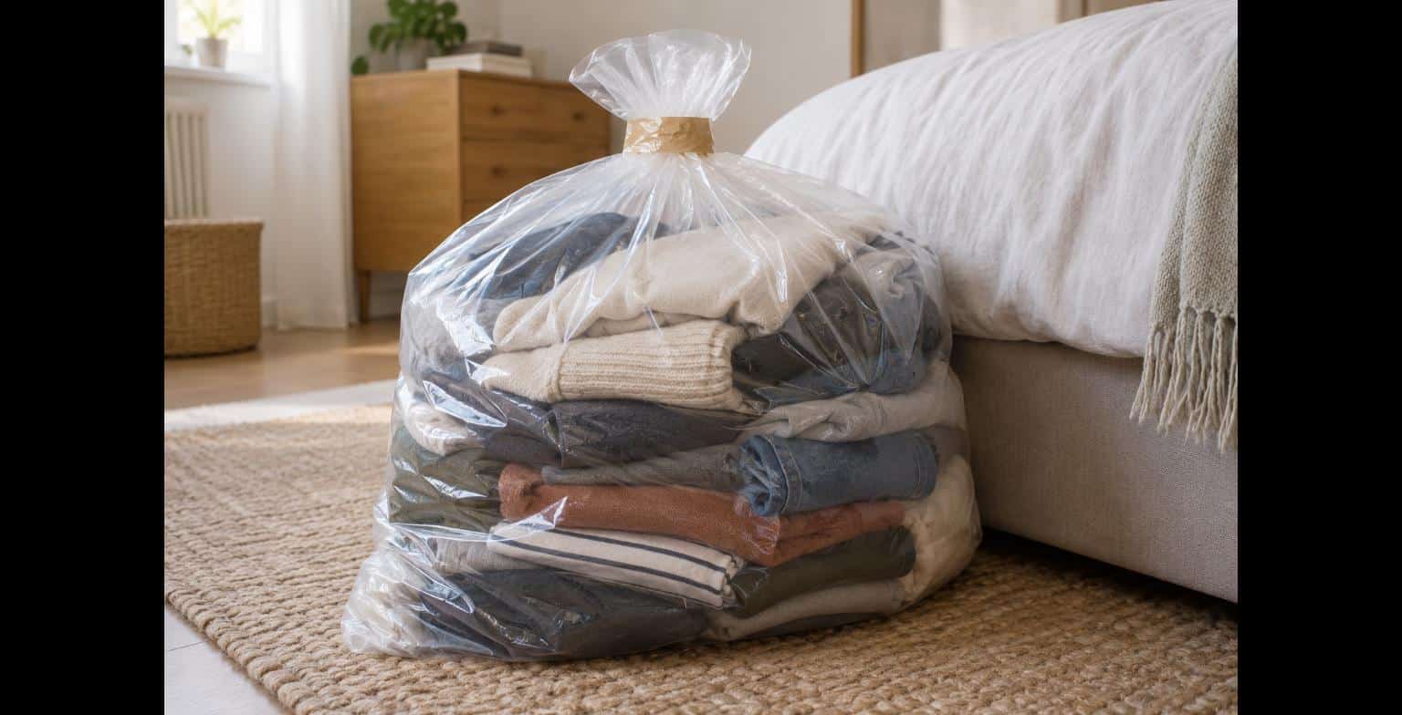 Vestiti sigillati in un sacco di plastica trasparente
